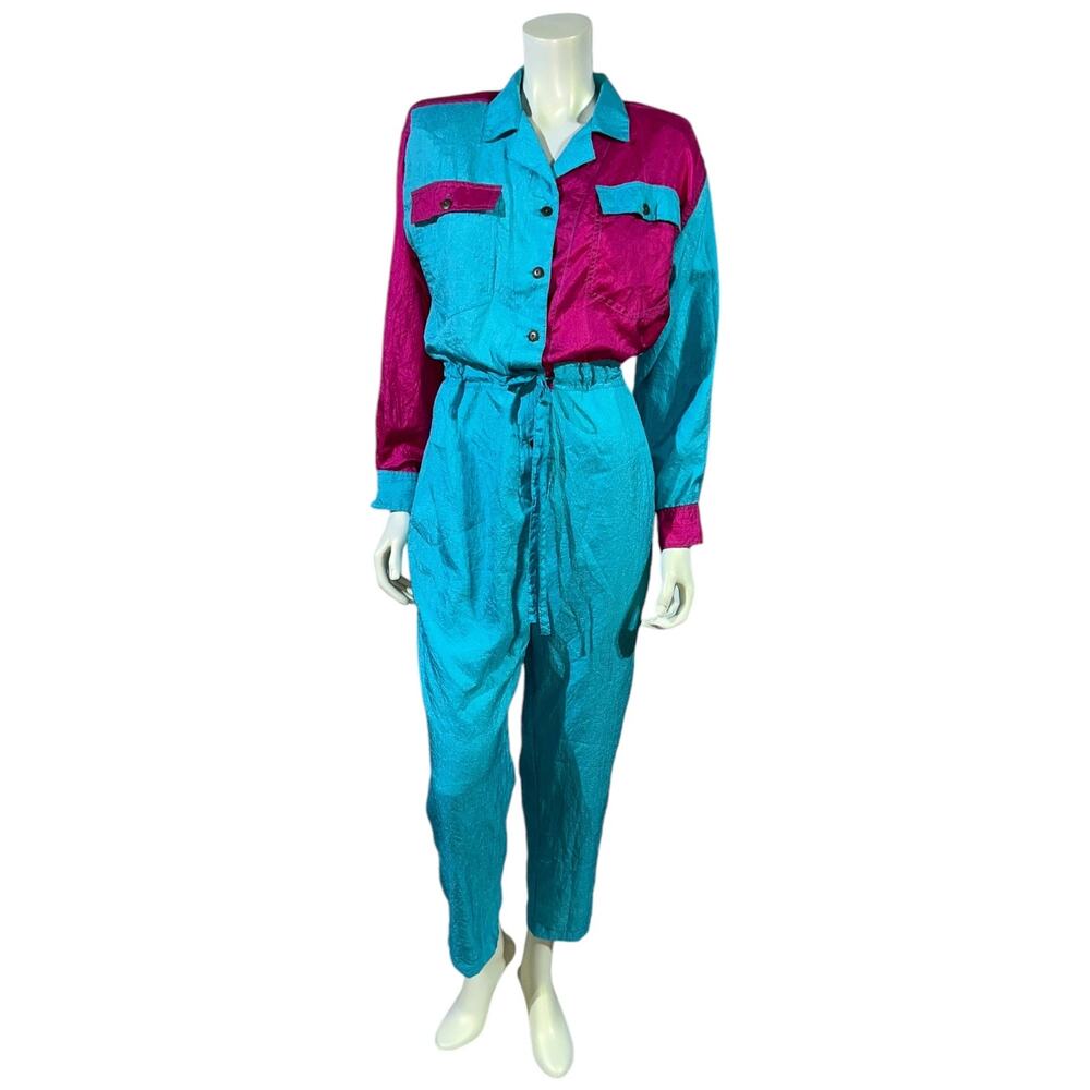 1990s Ideas Color Block Windbreaker Jumpsuit Teal Magenta Athletic One-Piece Med